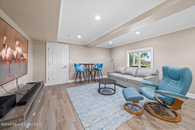 living room with crown molding and light wood-type flooring