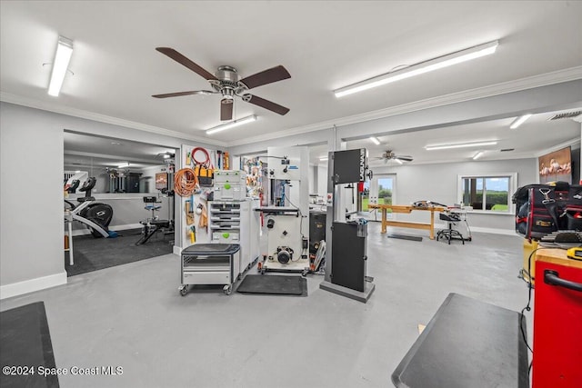 workout area with concrete flooring, ceiling fan, and crown molding