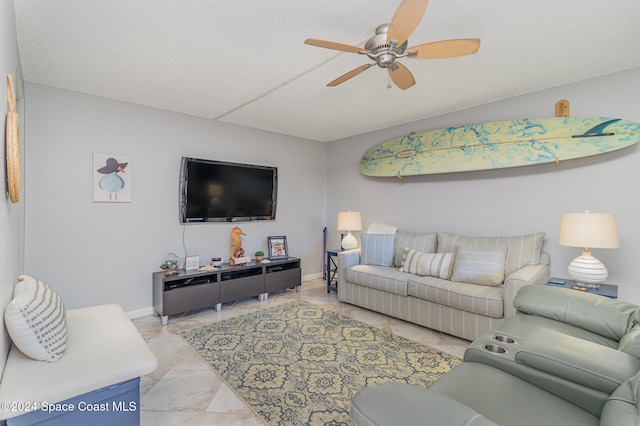 tiled living room featuring ceiling fan