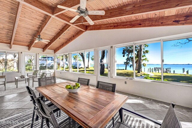 sunroom / solarium with a healthy amount of sunlight, wooden ceiling, lofted ceiling with beams, and a water view