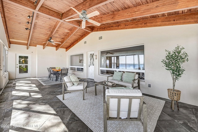 view of patio / terrace featuring visible vents, a ceiling fan, outdoor dining space, and outdoor lounge area