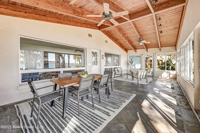dining room with beam ceiling, wooden ceiling, high vaulted ceiling, and ceiling fan