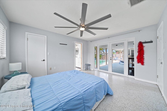 bedroom featuring ceiling fan, french doors, and access to outside