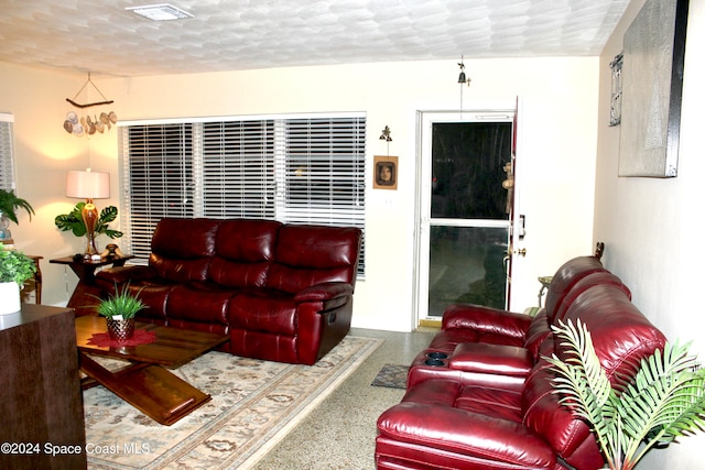 living room featuring a textured ceiling