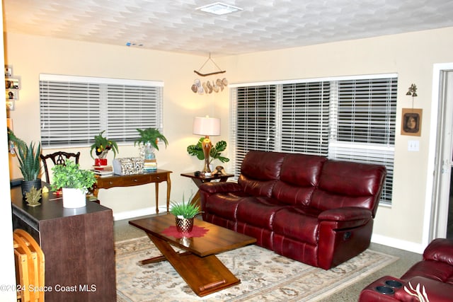 carpeted living room featuring a textured ceiling