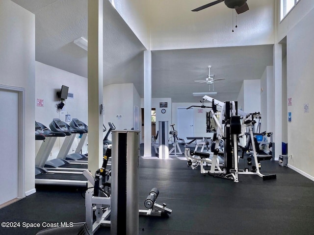 workout area with high vaulted ceiling, a textured ceiling, and ceiling fan