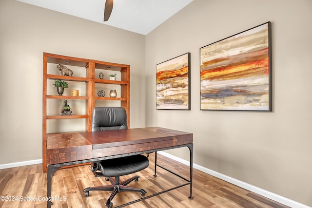 office area featuring wood-type flooring and ceiling fan