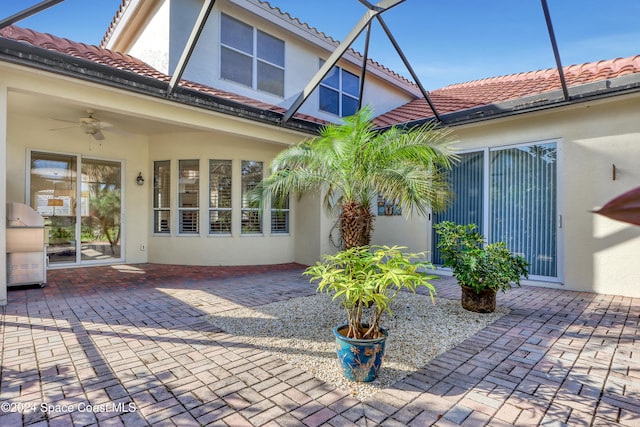 rear view of property featuring ceiling fan, a patio, and a lanai