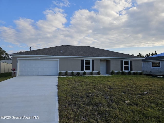 ranch-style house with a front yard and a garage