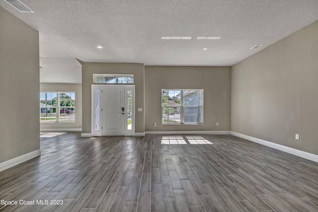 foyer entrance with a wealth of natural light, hardwood / wood-style floors, and a textured ceiling