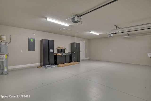 garage with electric panel, water heater, and a garage door opener