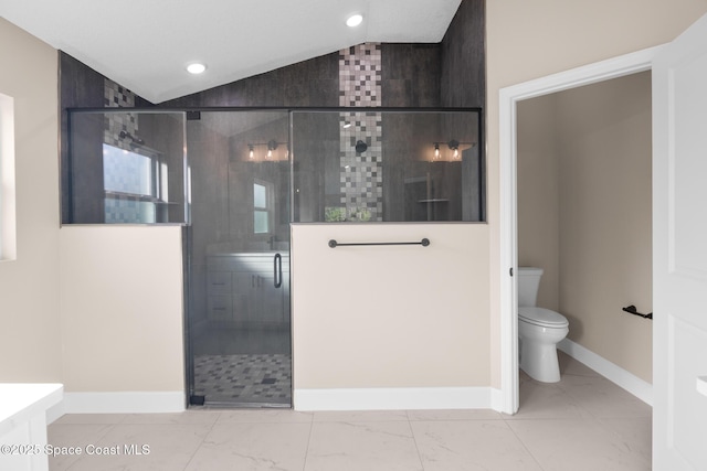 bathroom featuring lofted ceiling, toilet, and an enclosed shower