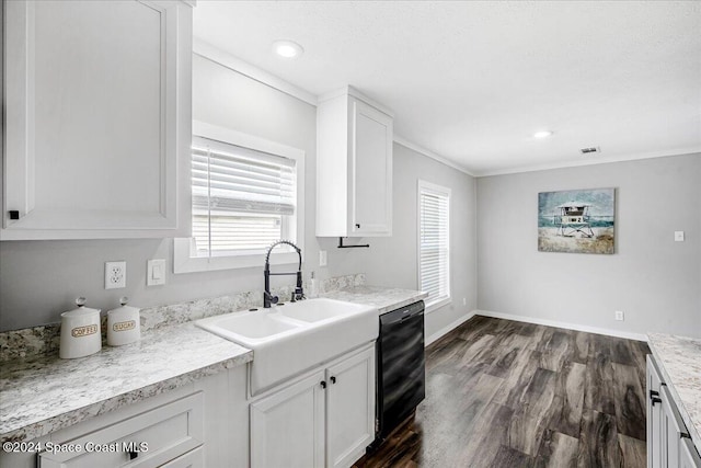 kitchen with crown molding, black dishwasher, dark hardwood / wood-style floors, sink, and white cabinets