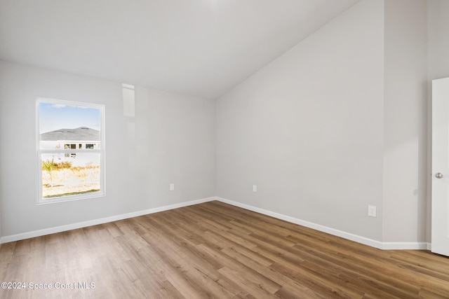 empty room with wood-type flooring and lofted ceiling