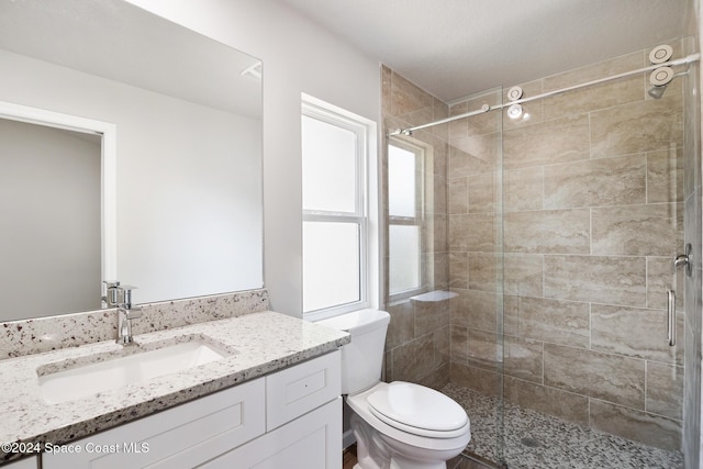 bathroom featuring vanity, toilet, and a shower with door