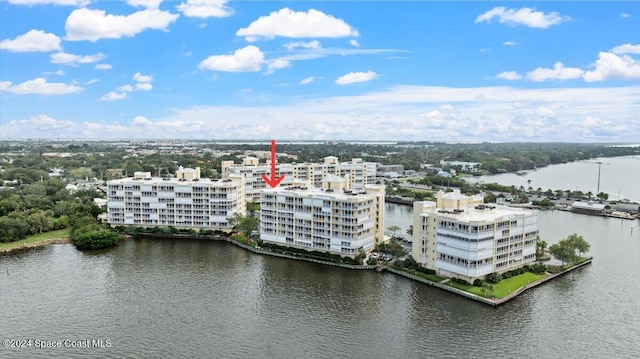 drone / aerial view featuring a water view