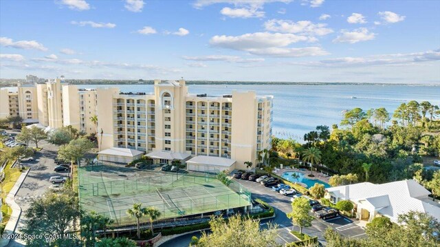 birds eye view of property featuring a water view