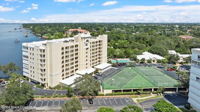 bird's eye view with a water view