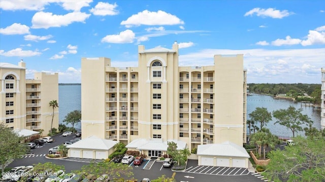 view of building exterior with a water view