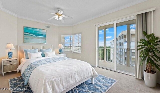 bedroom featuring access to exterior, ornamental molding, light carpet, and ceiling fan