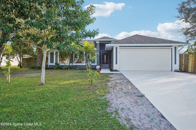 view of front of home featuring a front yard and a garage