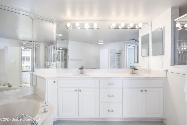 bathroom featuring vanity, ceiling fan, tile patterned floors, and independent shower and bath