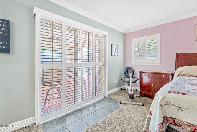 tiled bedroom with a textured ceiling and ornamental molding