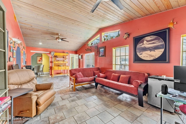 living room featuring ceiling fan, wood ceiling, and lofted ceiling