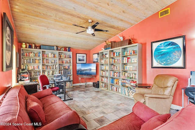 living room featuring ceiling fan, lofted ceiling, and wooden ceiling