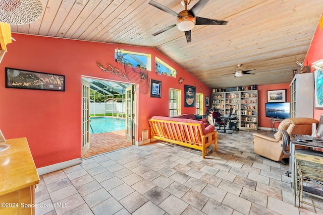 interior space with light tile patterned flooring, access to outside, wooden ceiling, and vaulted ceiling