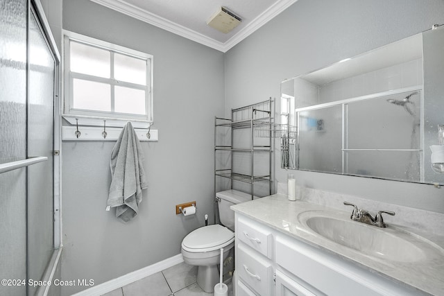 bathroom featuring vanity, crown molding, tile patterned flooring, toilet, and a shower with shower door