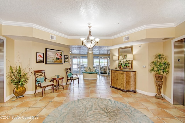 interior space featuring ornamental molding, light tile patterned floors, a notable chandelier, and a textured ceiling