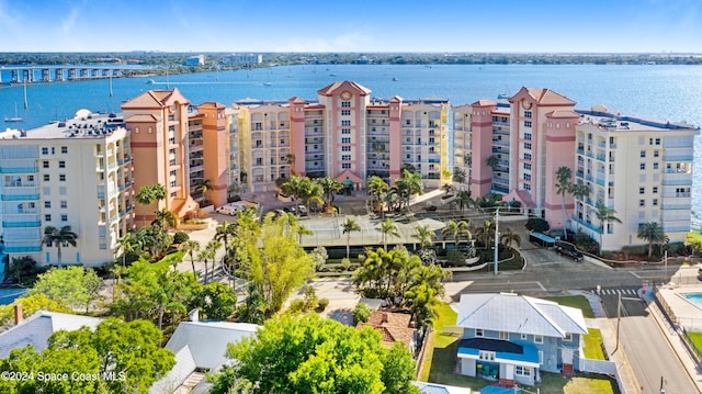 bird's eye view with a water view