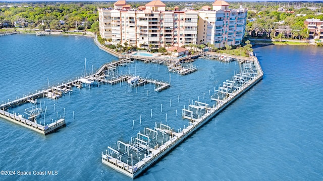 drone / aerial view with a water view