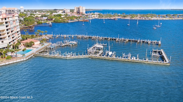 aerial view featuring a water view