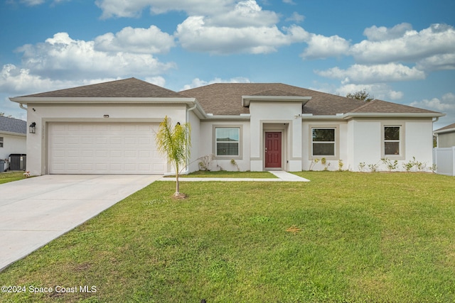 view of front facade featuring a garage, cooling unit, and a front lawn