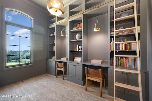 office space featuring ornamental molding, built in desk, and light hardwood / wood-style flooring