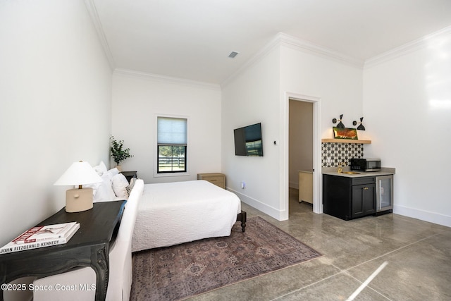 bedroom featuring concrete flooring and ornamental molding