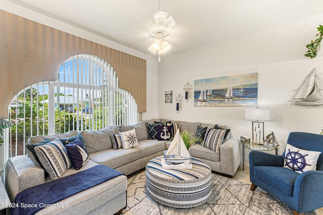 living room featuring ceiling fan