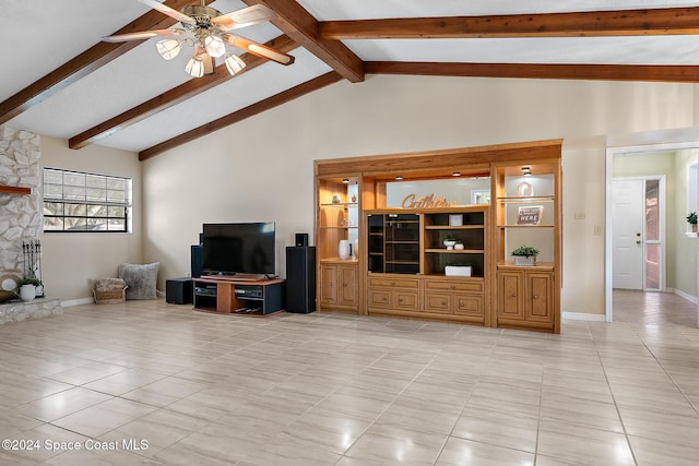 tiled living room featuring high vaulted ceiling, beamed ceiling, ceiling fan, and a fireplace