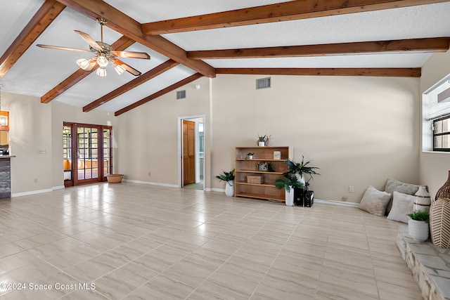 tiled living room featuring high vaulted ceiling, ceiling fan, and beam ceiling