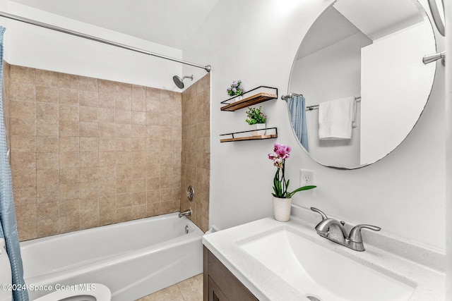 bathroom featuring vanity, tile patterned floors, and shower / bathtub combination with curtain