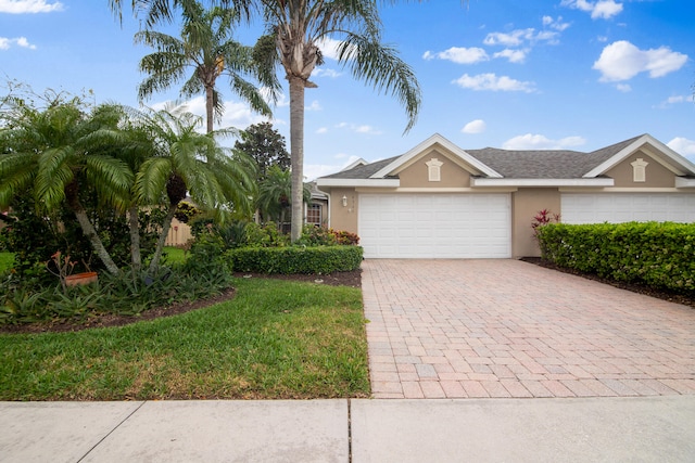 single story home featuring a garage and a front yard