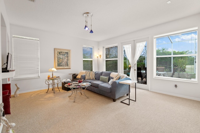 living room with light colored carpet