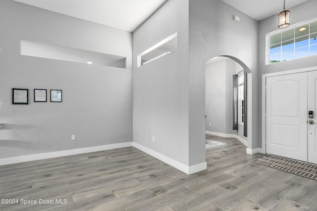 foyer entrance with a high ceiling and light hardwood / wood-style flooring