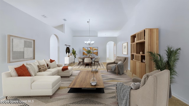 carpeted living room with a notable chandelier