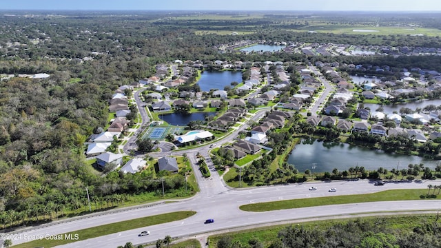 aerial view featuring a water view