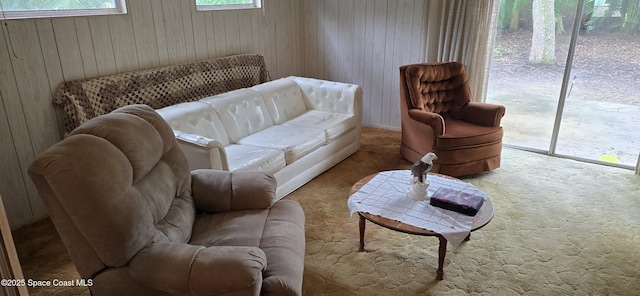 carpeted living room featuring wood walls