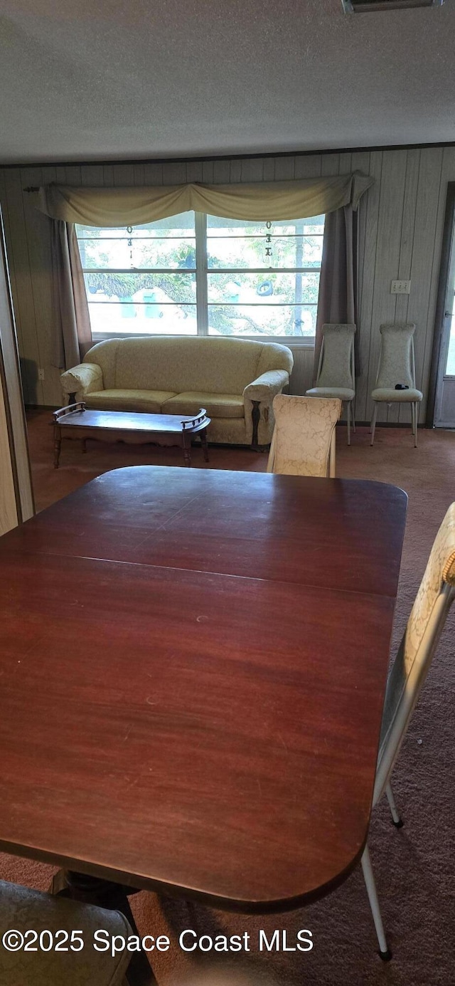 unfurnished dining area with a textured ceiling, a wealth of natural light, and wooden walls