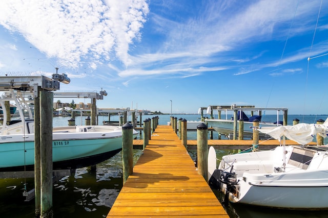 dock area featuring boat lift and a water view